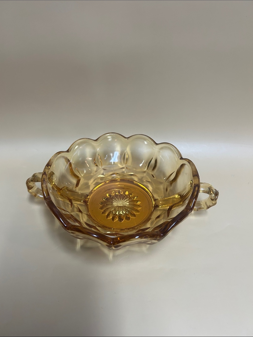Vintage Anchor Hocking Fairfield Glass Yellow Color Two Handle Open Candy Bowl